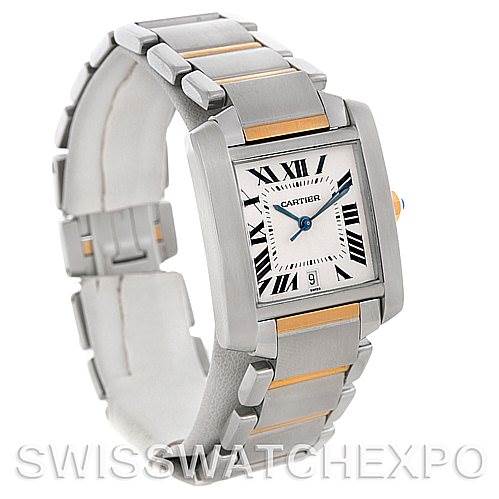 This image shows a Cartier Tank Française watch from a three-quarter angle, highlighting the face, bracelet, and detailing.