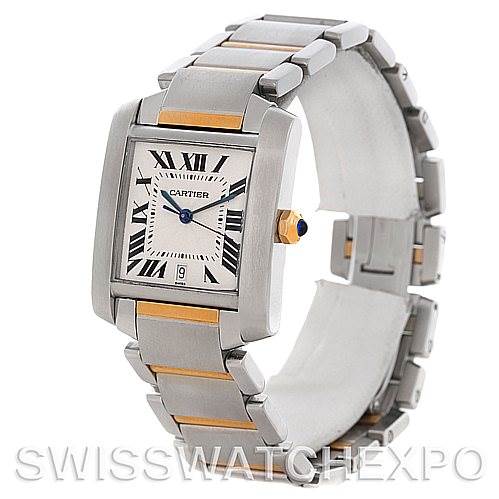 The image shows a side view of the Cartier Tank Francaise W51005Q4 Men's Steel and Gold (two tone) Silver Dial W51005Q4 Men's Steel and Gold (two tone) Silver Dial watch, highlighting its stainless steel and yellow gold bracelet and square dial.