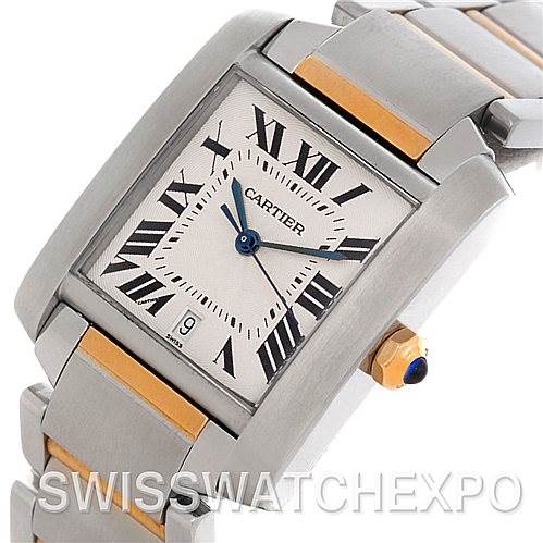 This image shows a close-up view of the Cartier Tank Francaise W51005Q4 Men's Steel and Gold (two tone) Silver Dial W51005Q4 Men's Steel and Gold (two tone) Silver Dial watch, highlighting the face, bezel, crown, and part of the bracelet.