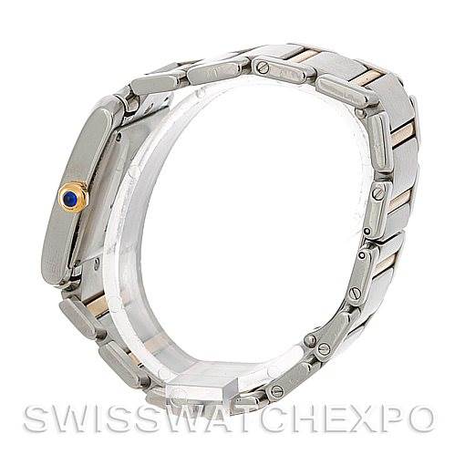 The Cartier Tank Francaise W51005Q4 Men's Steel and Gold (two tone) Silver Dial W51005Q4 Men's Steel and Gold (two tone) Silver Dial watch is shown from a side angle, highlighting its stainless steel bracelet and crown with a blue cabochon.