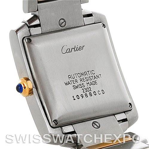 This is the back view of the Cartier Tank Française watch, showing the case back and part of the bracelet.