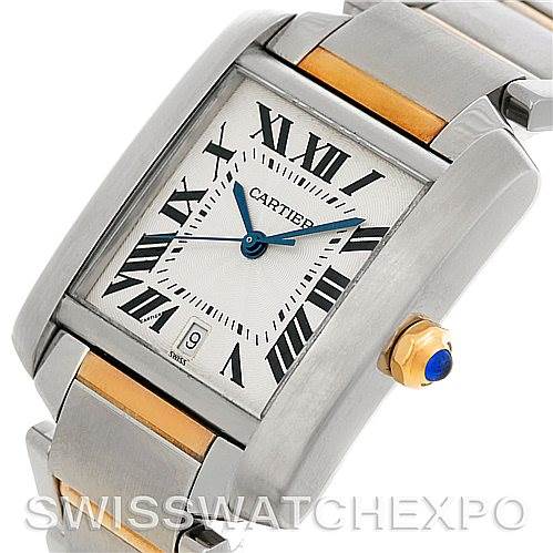 This image shows a close-up of the Cartier Tank Francaise W51005Q4 Men's Steel and Gold (two tone) Silver Dial W51005Q4 Men's Steel and Gold (two tone) Silver Dial watch, highlighting its face, crown, and part of the bracelet.
