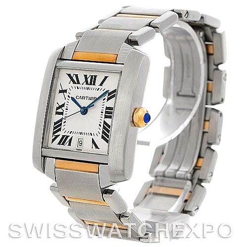 This Cartier Tank Francaise W51005Q4 Men's Steel and Gold (two tone) Silver Dial W51005Q4 Men's Steel and Gold (two tone) Silver Dial watch is shown at a slight angle, displaying the face, bracelet, and crown with a blue cabochon.