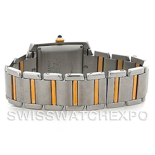 This image shows the back and bracelet of a Cartier Tank Française watch, highlighting its two-tone metal design.