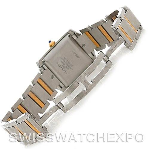 The image shows the back and bracelet of a Cartier Tank Francaise W51005Q4 Men's Steel and Gold (two tone) Silver Dial W51005Q4 Men's Steel and Gold (two tone) Silver Dial watch, highlighting the two-tone bracelet and deployment clasp.
