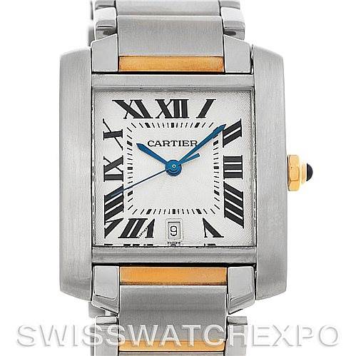 This image shows a front view of the Cartier Tank Francaise W51005Q4 Men's Steel and Gold (two tone) Silver Dial W51005Q4 Men's Steel and Gold (two tone) Silver Dial watch, highlighting the face, bezel, and bracelet.