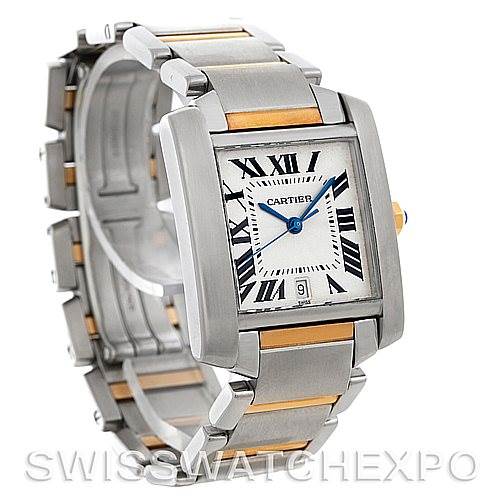 This image features a Cartier Tank Francaise W51005Q4 Men's Steel and Gold (two tone) Silver Dial W51005Q4 Men's Steel and Gold (two tone) Silver Dial watch, showcasing its face, metal band, and side profile at a three-quarter angle.
