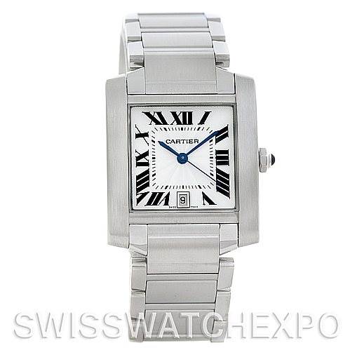 The image shows a front view of the Cartier Tank Francaise W51002Q3 Men
s Stainless Steel Silver Dial W51002Q3 Men
s Stainless Steel Silver Dial watch, displaying its face, bracelet, and crown.