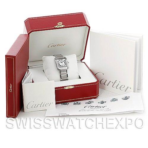 The image shows a Cartier Tank Francaise W51002Q3 Men
s Stainless Steel Silver Dial W51002Q3 Men
s Stainless Steel Silver Dial watch in a red box, accompanied by documentation and accessories.