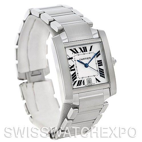 The image shows a Cartier Tank Francaise W51002Q3 Men
s Stainless Steel Silver Dial W51002Q3 Men
s Stainless Steel Silver Dial watch from a front angle, highlighting the face, bracelet, and crown.