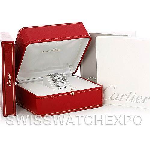 The image shows a Cartier Tank Francaise W51002Q3 Men's Stainless Steel Silver Dial W51002Q3 Men's Stainless Steel Silver Dial watch placed in an open red presentation box with additional packaging visible.