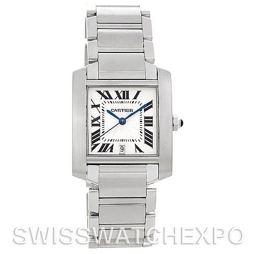 The image shows a frontal view of a Cartier Tank Francaise W51002Q3 Men's Stainless Steel Silver Dial W51002Q3 Men's Stainless Steel Silver Dial watch, displaying the face, Roman numerals, metal band, and date window.