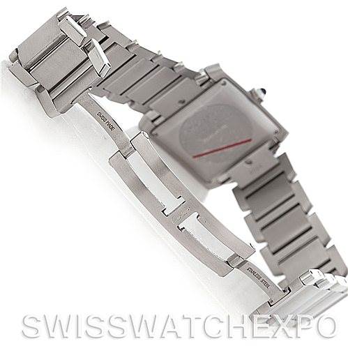 This image shows the back and clasp of a Cartier Tank Française watch at an angle highlighting the bracelet and clasp mechanism.