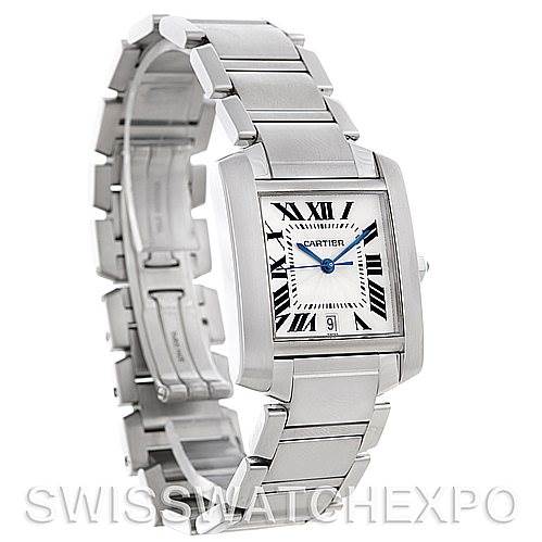 The image shows a Cartier Tank Francaise W51002Q3 Men's Stainless Steel Silver Dial W51002Q3 Men's Stainless Steel Silver Dial watch in a three-quarter angle, focusing on the front face and metal bracelet.