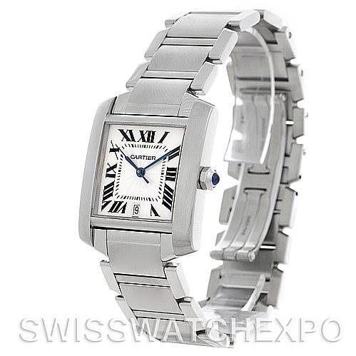 The image shows a Cartier Tank Francaise W51002Q3 Men's Stainless Steel Silver Dial W51002Q3 Men's Stainless Steel Silver Dial watch at a 3/4 angle, displaying the face, bracelet, and part of the clasp.