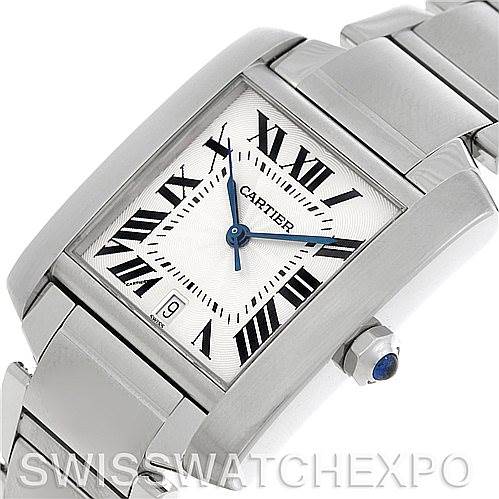 This image shows a close-up, angled view of the face and part of the bracelet of a Cartier Tank Française model watch.