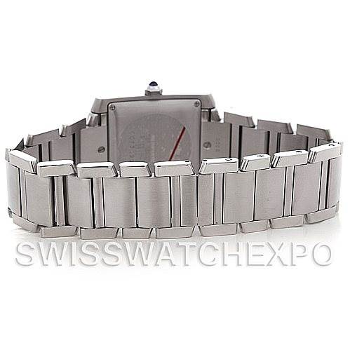 The image shows the back and bracelet of a Cartier Tank Francaise W51002Q3 Men's Stainless Steel Silver Dial W51002Q3 Men's Stainless Steel Silver Dial watch, highlighting its stainless steel links and case back.