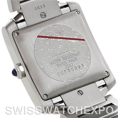 This image shows the back of a Cartier Tank Francaise W51002Q3 Men's Stainless Steel Silver Dial W51002Q3 Men's Stainless Steel Silver Dial watch, displaying its case back details and bracelet attachment.