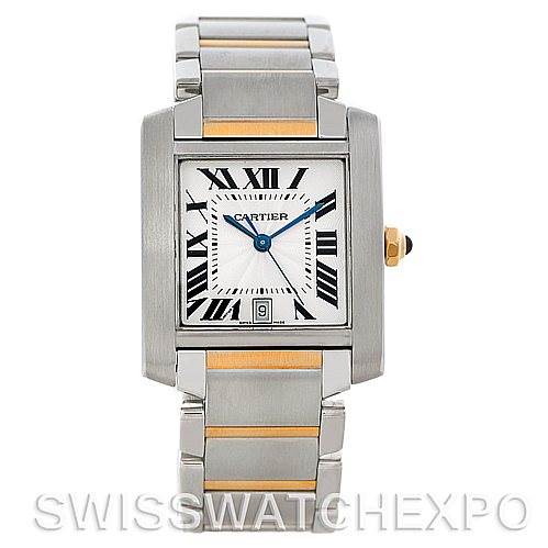 This image shows a Cartier Tank Française watch from a frontal angle, highlighting its face, bezel, and bracelet.