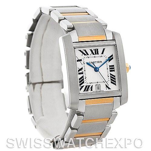 The image shows a Cartier Tank Française watch at a three-quarter angle, highlighting its stainless steel and gold bracelet and rectangular face.