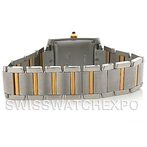 The image shows the back of a Cartier Tank Francaise W51005Q4 Men's Steel and Gold (two tone) Silver Dial W51005Q4 Men's Steel and Gold (two tone) Silver Dial watch, highlighting its stainless steel and gold bracelet.