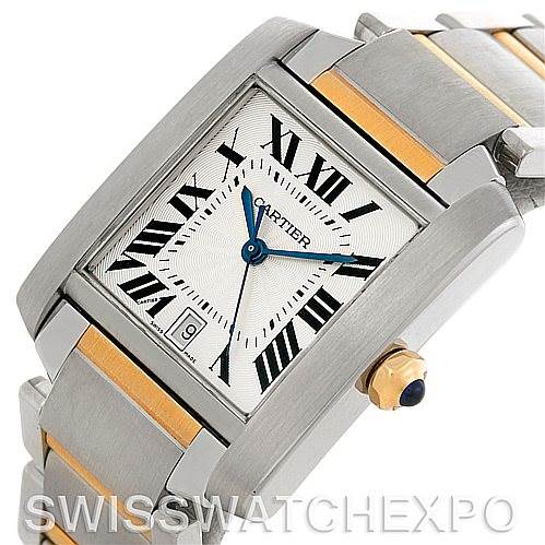 The Cartier Tank Francaise W51005Q4 Men's Steel and Gold (two tone) Silver Dial W51005Q4 Men's Steel and Gold (two tone) Silver Dial watch is shown at an angle, displaying its rectangular face, Roman numerals, crown, and two-tone metal bracelet.
