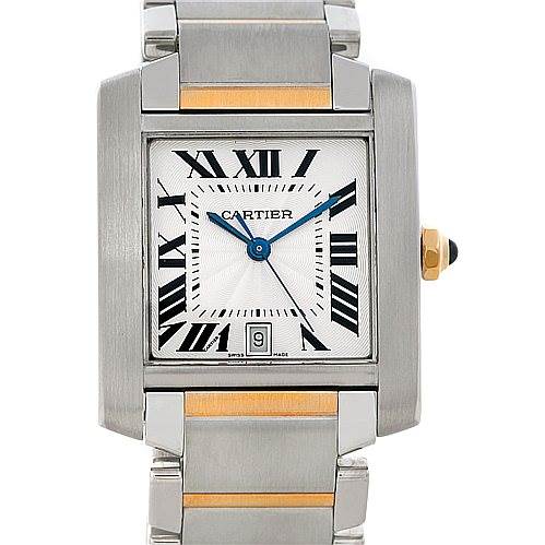 The image shows a front view of the Tank Française watch by Cartier, showcasing its square face, blue hands, Roman numerals, and date display.