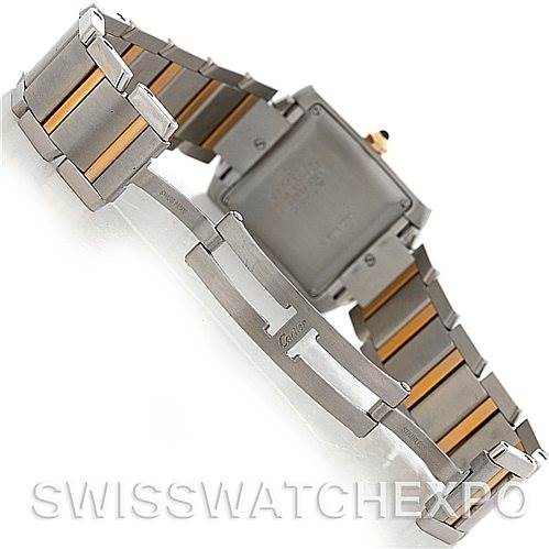 This is a rear view of the Cartier Tank Francaise W51005Q4 Men's Steel and Gold (two tone) Silver Dial W51005Q4 Men's Steel and Gold (two tone) Silver Dial watch, highlighting the bracelet and clasp.