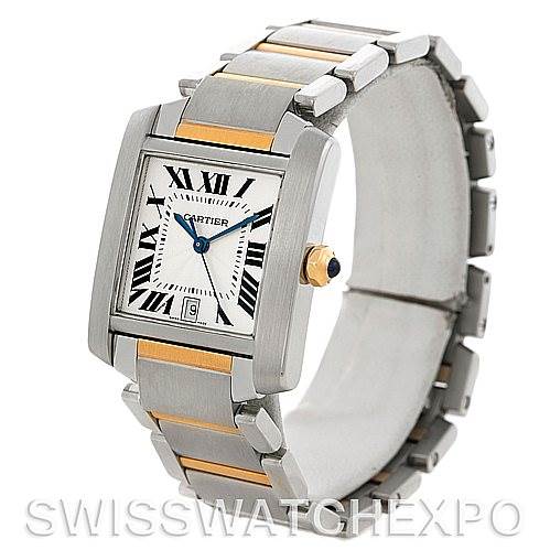 This image shows a Cartier Tank Francaise W51005Q4 Men's Steel and Gold (two tone) Silver Dial W51005Q4 Men's Steel and Gold (two tone) Silver Dial watch angled from the front and slightly to the left, highlighting the band, face, and crown.