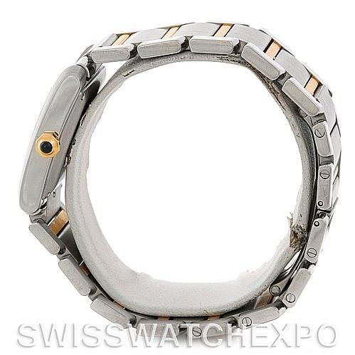 The image shows a side view of the Cartier Tank Francaise W51005Q4 Men's Steel and Gold (two tone) Silver Dial W51005Q4 Men's Steel and Gold (two tone) Silver Dial watch, highlighting the bracelet and side profile of the case.