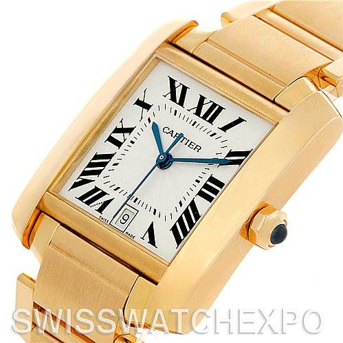 This image shows a close-up of a Cartier Tank Française watch displaying the face, crown, and part of the bracelet at an angled view.