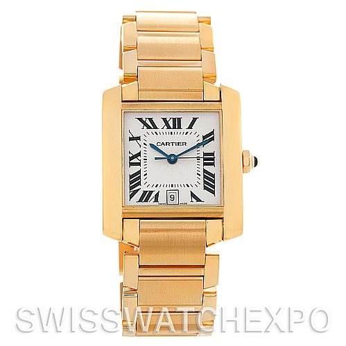 This image shows a frontal view of a Cartier Tank Francaise W50001R2 Men's Yellow Gold Silver Dial W50001R2 Men's Yellow Gold Silver Dial watch, highlighting its gold case, bracelet, and Roman numeral dial.