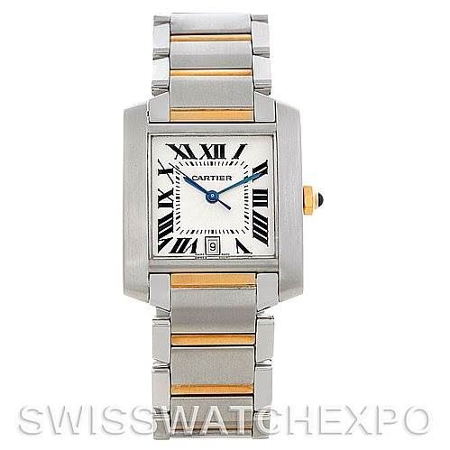 This image shows a front view of the Cartier Tank Francaise W51005Q4 Men's Steel and Gold (two tone) Silver Dial W51005Q4 Men's Steel and Gold (two tone) Silver Dial watch, highlighting its square face, Roman numerals, and metal bracelet.