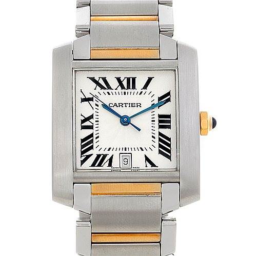 The image shows a Cartier Tank Francaise W51005Q4 Men's Steel and Gold (two tone) Silver Dial W51005Q4 Men's Steel and Gold (two tone) Silver Dial watch from a front angle, highlighting its face, bezel, and bracelet.