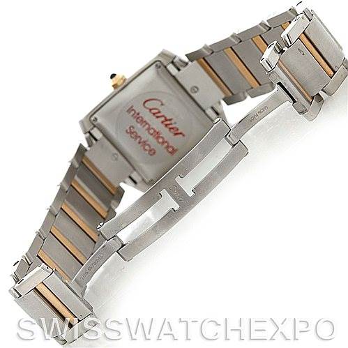 The image shows the back and bracelet, including the clasp, of a Cartier Tank Française watch.