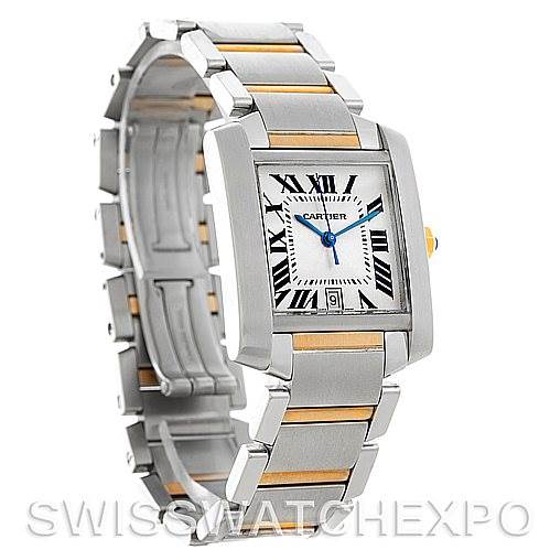 The image shows a Cartier Tank Française watch at a three-quarter angle, highlighting the watch face, bracelet, and clasp.