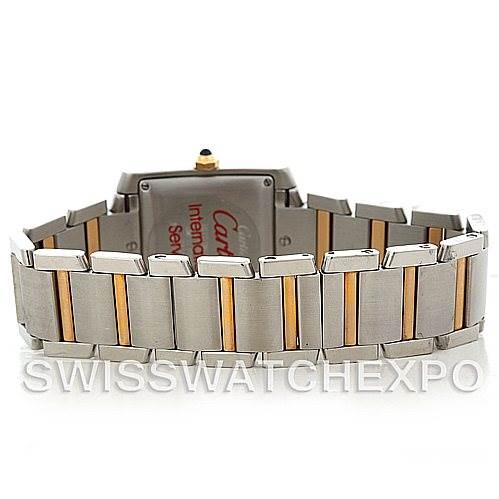 The image shows the back and bracelet of a Cartier Tank Francaise W51005Q4 Men's Steel and Gold (two tone) Silver Dial W51005Q4 Men's Steel and Gold (two tone) Silver Dial watch, featuring a two-tone metal design.