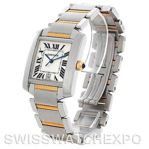 The image shows a full view of the Cartier Tank Francaise W51005Q4 Men's Steel and Gold (two tone) Silver Dial W51005Q4 Men's Steel and Gold (two tone) Silver Dial watch, including the face, two-tone bracelet, and distinctive crown with a blue gem.