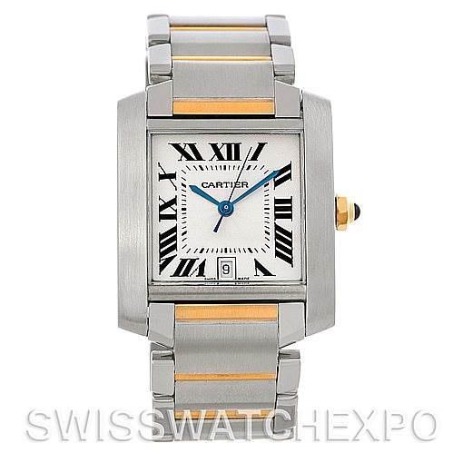 The image shows a front view of a Cartier Tank Francaise W51005Q4 Men's Steel and Gold (two tone) Silver Dial W51005Q4 Men's Steel and Gold (two tone) Silver Dial watch, highlighting its face, bezel, and bracelet.
