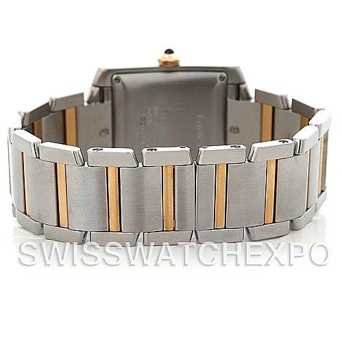 The image shows the back and bracelet of a Cartier Tank Francaise W51005Q4 Men's Steel and Gold (two tone) Silver Dial W51005Q4 Men's Steel and Gold (two tone) Silver Dial watch, highlighting the two-tone metal design.