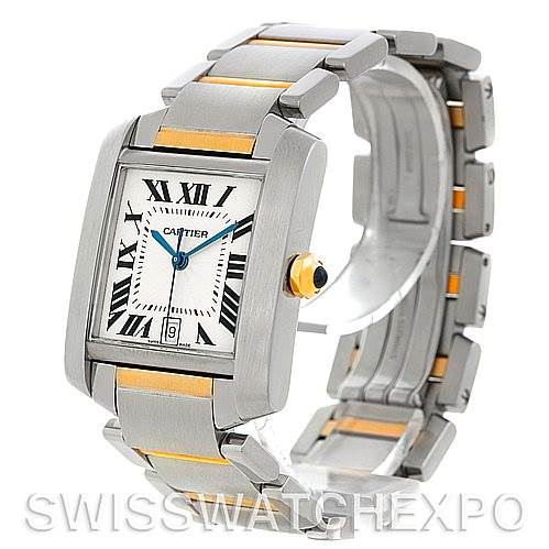 The image shows a Cartier Tank Francaise W51005Q4 Men's Steel and Gold (two tone) Silver Dial W51005Q4 Men's Steel and Gold (two tone) Silver Dial watch at an angle, displaying its face, bracelet, and crown with a sapphire cabochon.