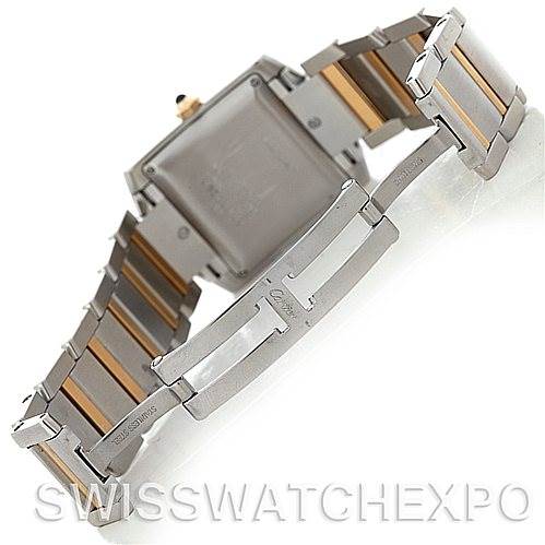 The image shows the back view and clasp of the Cartier Tank Francaise W51005Q4 Men's Steel and Gold (two tone) Silver Dial W51005Q4 Men's Steel and Gold (two tone) Silver Dial watch.