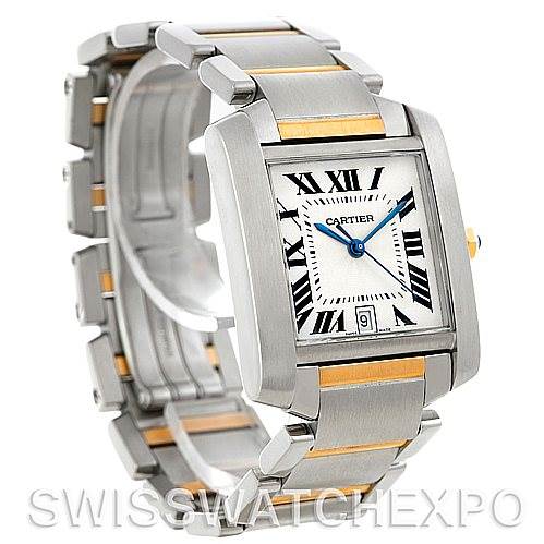 This image shows a Cartier Tank Francaise W51005Q4 Men's Steel and Gold (two tone) Silver Dial W51005Q4 Men's Steel and Gold (two tone) Silver Dial watch from an angled side view, highlighting the dial, bezel, and bracelet.