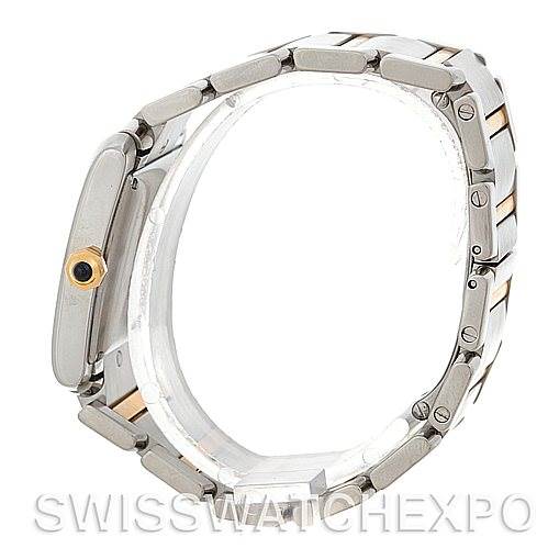 The Cartier Tank Francaise W51005Q4 Men's Steel and Gold (two tone) Silver Dial W51005Q4 Men's Steel and Gold (two tone) Silver Dial watch is shown in a side profile, highlighting the bracelet, the case, and crown.