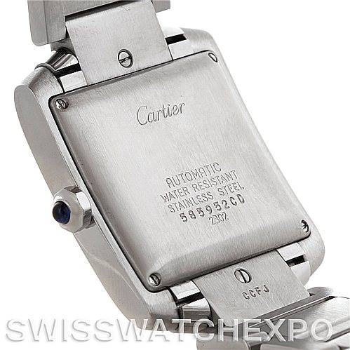 The image shows the back case and part of the bracelet of a Cartier Tank Francaise W51002Q3 Men
s Stainless Steel Silver Dial W51002Q3 Men
s Stainless Steel Silver Dial watch, highlighting its inscriptions.