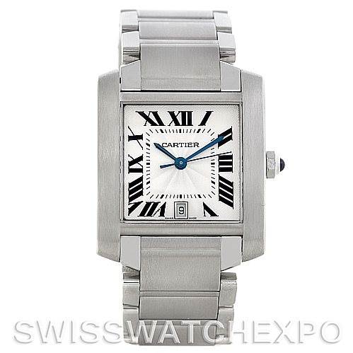 This image shows a frontal view of the Cartier Tank Francaise W51002Q3 Men
s Stainless Steel Silver Dial W51002Q3 Men
s Stainless Steel Silver Dial watch, highlighting the dial, bracelet, and crown.