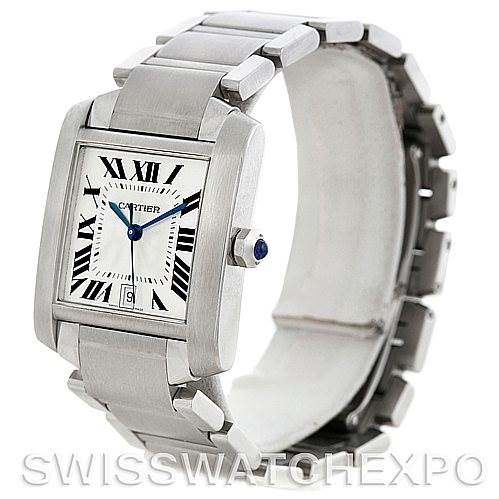 The image shows a three-quarter view of a Cartier Tank Française watch, highlighting its rectangular face, blue hands, and metal bracelet.