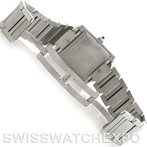 The image shows the clasp and back of the bracelet of a Cartier Tank Française watch, with the Cartier logo visible.