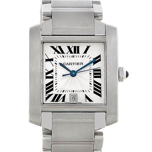 The image shows a frontal view of a Cartier Tank Francaise W51002Q3 Men
s Stainless Steel Silver Dial W51002Q3 Men
s Stainless Steel Silver Dial watch, displaying its face, stainless steel case, bracelet, and date window.
