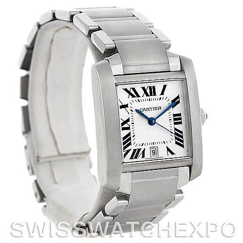 The image shows a front-angle view of a Cartier Tank Francaise W51002Q3 Men
s Stainless Steel Silver Dial W51002Q3 Men
s Stainless Steel Silver Dial watch, highlighting its rectangular face and metal bracelet.